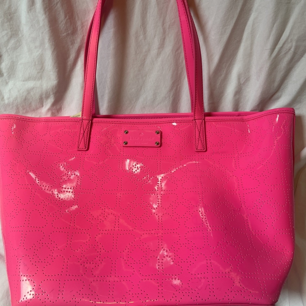 Kate Spade Molly Bikini Dot Tote Shoulder Bag Hot Pink Patent Leather Beach EUC